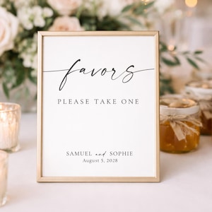 minimalist wedding favors sign in gold frame with candles and honey jar favors, rustic elegant wedding decor, printable wedding sign template, editable Canva wedding signage, neutral garden wedding aesthetic
