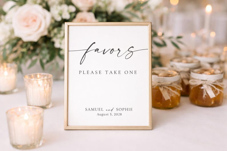 minimalist wedding favors sign in gold frame with candles and honey jar favors, rustic elegant wedding decor, printable wedding sign template, editable Canva wedding signage, neutral garden wedding aesthetic