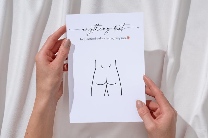 Bride holding printable Anything But game card — funny bachelorette party game, adult bridal shower activity, hen party drawing game instant download.