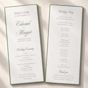 May include: Two rectangular wedding programme cards with a sage green border and white background. The left card displays the text Welcome to the wedding of Edward and Margot, January 12, 20XX, and a wedding ceremony schedule. The right card lists the wedding party.