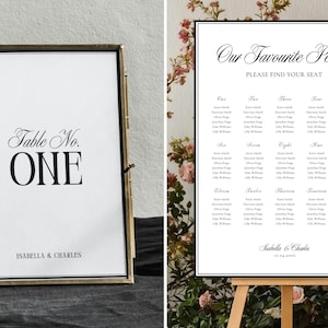Minimalist table number one wedding sign displayed in a gold frame, classic old money wedding table signage editable in Canva and printable