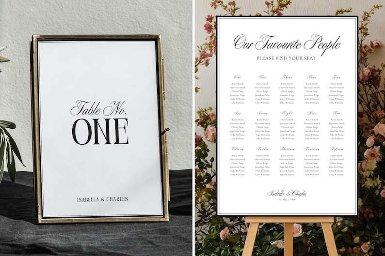 Minimalist table number one wedding sign displayed in a gold frame, classic old money wedding table signage editable in Canva and printable