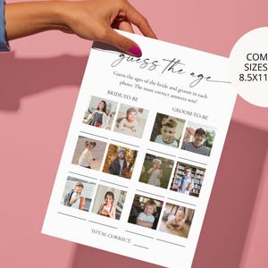 Printable bridal photo challenge game sheet held in hand – modern wedding shower and bachelorette party game template, editable Canva design, pink neutral background.