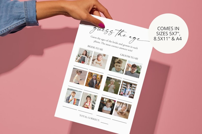 Printable bridal photo challenge game sheet held in hand – modern wedding shower and bachelorette party game template, editable Canva design, pink neutral background.