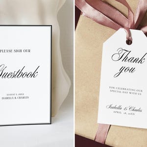 Elegant guestbook sign and thank you wedding card shown in a neutral styled flat lay, minimalist old money wedding signage templates