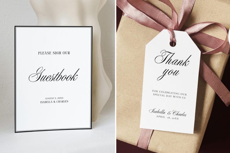 Elegant guestbook sign and thank you wedding card shown in a neutral styled flat lay, minimalist old money wedding signage templates