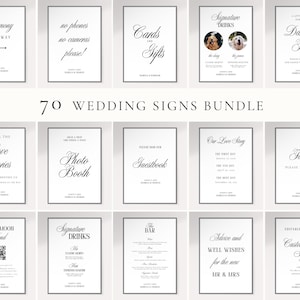 May include: A collection of 70 wedding signs with black frames and white backgrounds. The signs feature elegant calligraphy with phrases like "Ceremony," "Cards & Gifts," and "Signature Drinks." Some signs include QR codes and photos.
