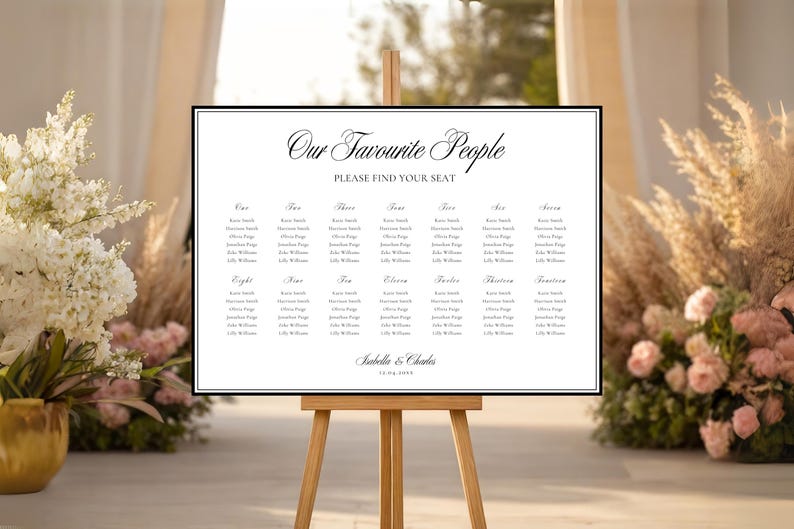 Wedding seating chart sign displayed on an easel in a romantic venue setting, elegant old money wedding seating plan editable in Canva