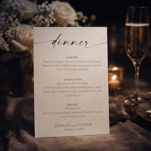 moody luxe wedding menu sign in frame with candlelight and champagne, elegant evening wedding reception decor, printable wedding menu template, black tie wedding aesthetic, romantic low light wedding styling