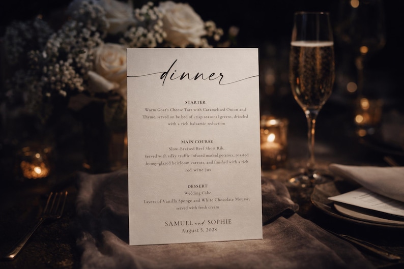 moody luxe wedding menu sign in frame with candlelight and champagne, elegant evening wedding reception decor, printable wedding menu template, black tie wedding aesthetic, romantic low light wedding styling
