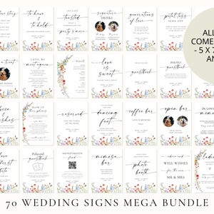 Wedding signs mega bundle preview, 70 wildflower wedding reception sign templates, editable Canva floral printable package