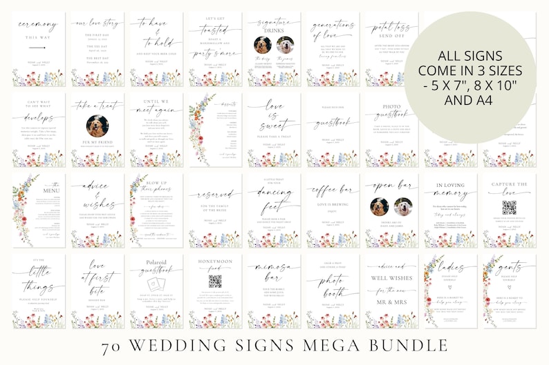 Wedding signs mega bundle preview, 70 wildflower wedding reception sign templates, editable Canva floral printable package