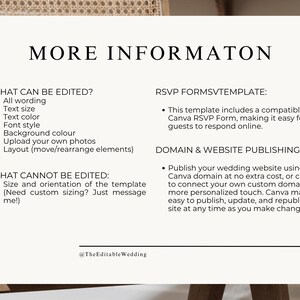 Wedding website template information page explaining what can be edited, RSVP Google Forms integration and domain hosting options for Canva wedding website