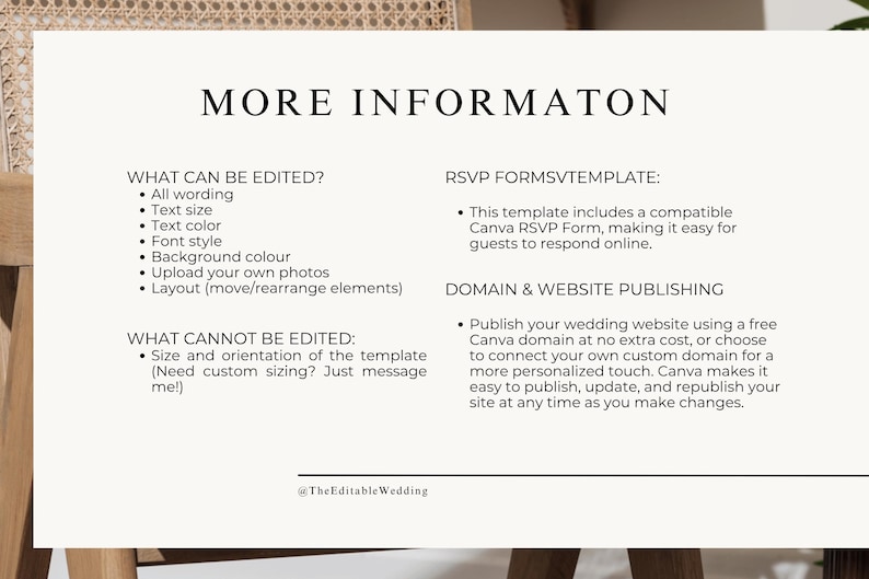 Wedding website template information page explaining what can be edited, RSVP Google Forms integration and domain hosting options for Canva wedding website