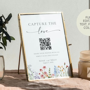 Capture the love wedding sign with QR code, editable Canva wildflower template, part of 70 wedding signs printable bundle