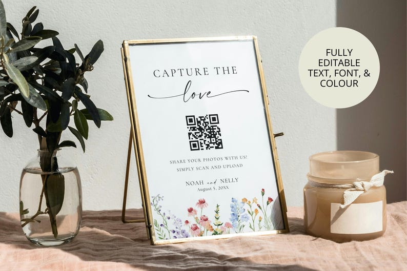 Capture the love wedding sign with QR code, editable Canva wildflower template, part of 70 wedding signs printable bundle