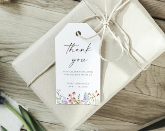 Étiquettes de cadeau de mariage fleurs sauvages : carte de remerciement imprimable modifiable (modèle canevas)