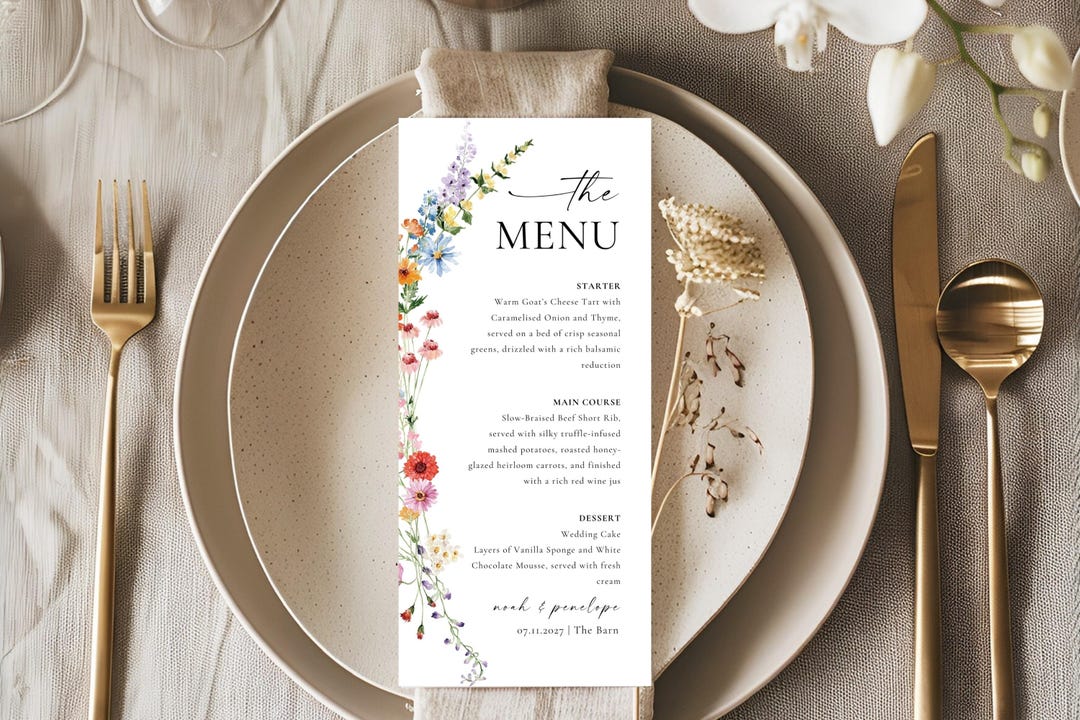 Boho Wildflower Wedding Menu Template: Editable Canva Design (digital ...