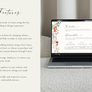 Key features of wildflower wedding website template shown on laptop, editable Canva wedding website with customization options, fonts, colors and layout details