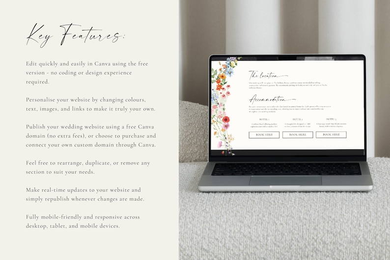 Key features of wildflower wedding website template shown on laptop, editable Canva wedding website with customization options, fonts, colors and layout details