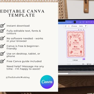 Editable Canva wedding website template information graphic showing instant download, beginner friendly editing, mobile responsive design and included guide
