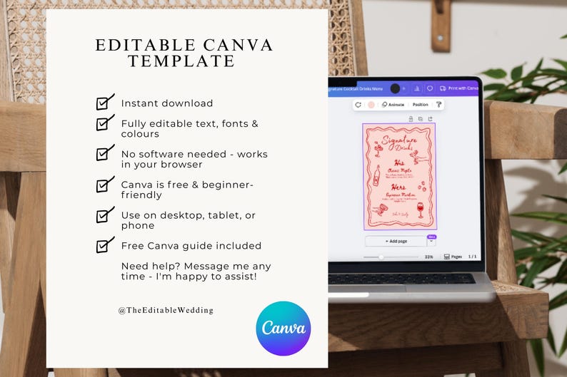 Editable Canva wedding website template information graphic showing instant download, beginner friendly editing, mobile responsive design and included guide