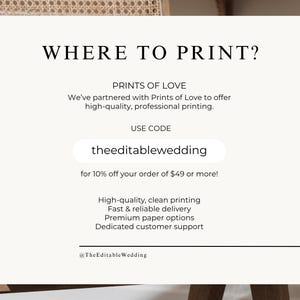 Where to print wedding templates, Prints of Love discount code, editable Canva wedding template bundle, minimalist wedding signs, wedding invitation printing guide, digital wedding download