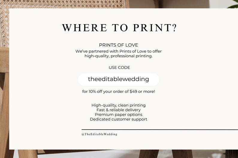 Where to print wedding templates, Prints of Love discount code, editable Canva wedding template bundle, minimalist wedding signs, wedding invitation printing guide, digital wedding download