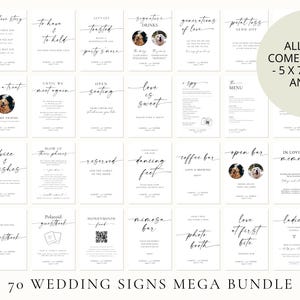 Overview layout of 70+ wedding signs mega bundle, including editable Canva templates in sizes 5x7, 8x10, and A4 for weddings and receptions.