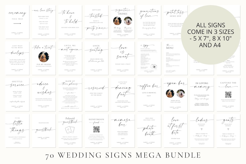 Overview layout of 70+ wedding signs mega bundle, including editable Canva templates in sizes 5x7, 8x10, and A4 for weddings and receptions.