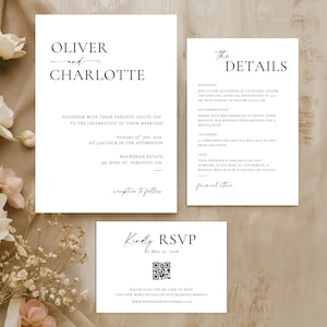 Editable Minimalist Wedding Invitation Suite with QR Code, Modern Invite Set, RSVP & Details Card Template, Instant Download