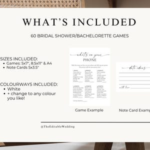 What’s Included page – 60 bridal shower and bachelorette games, minimalist Canva templates, examples of printable wedding shower cards and note designs.