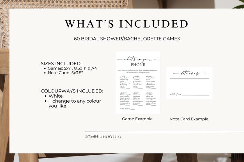 What’s Included page – 60 bridal shower and bachelorette games, minimalist Canva templates, examples of printable wedding shower cards and note designs.