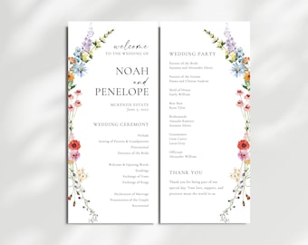May include: A wedding program with floral accents. The program is white with text in black, including the names "Noah and Penelope" and the date "June 5, 2022." Delicate watercolor flowers in shades of pink, yellow, blue, and purple adorn the edges.