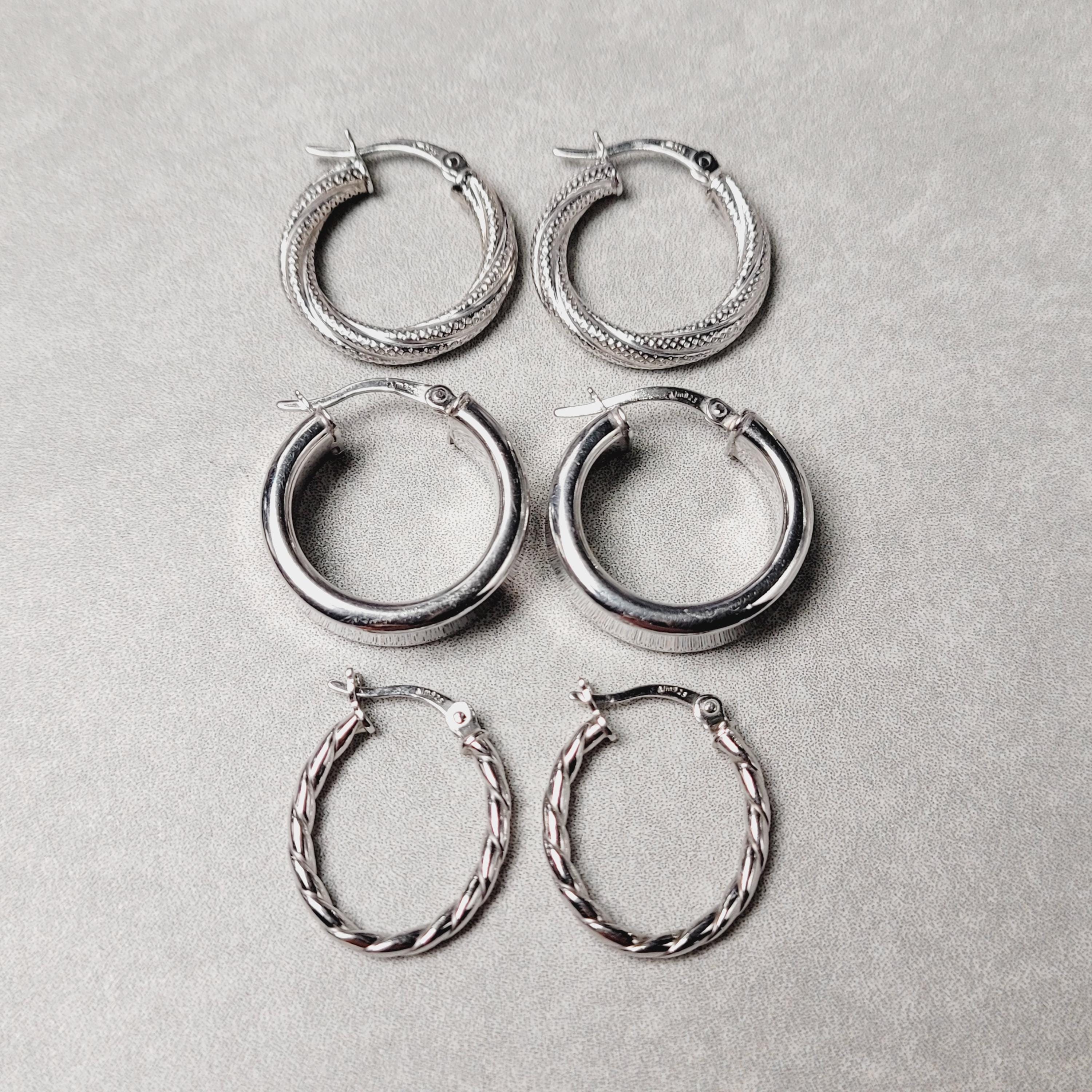 Vintage Set of 925 Sterling Silver Hoop Earrings: 3 Pairs, Chunky