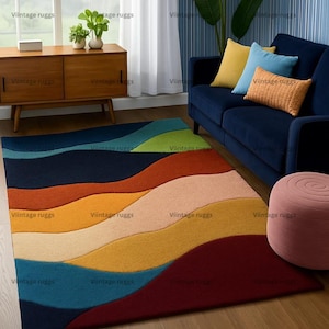 Hand-Tufted Wool Rug: Mid-Century Modern Abstract Color Wave
