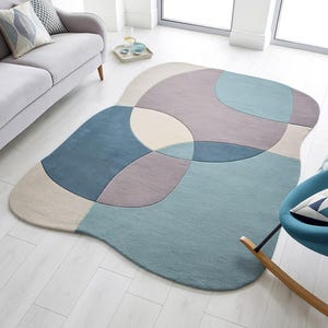 Modern Abstract Geometric Organic Area Rug 9x12 10x14 Modern Blue, Grey & Beige Living Room Carpet - Unique Irregular Shape Hall Area Rug