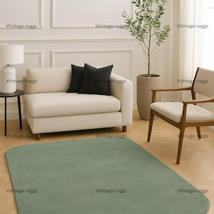 Handmade Sage Green Wool Rug: Modern Minimalist Rounded Rectangle