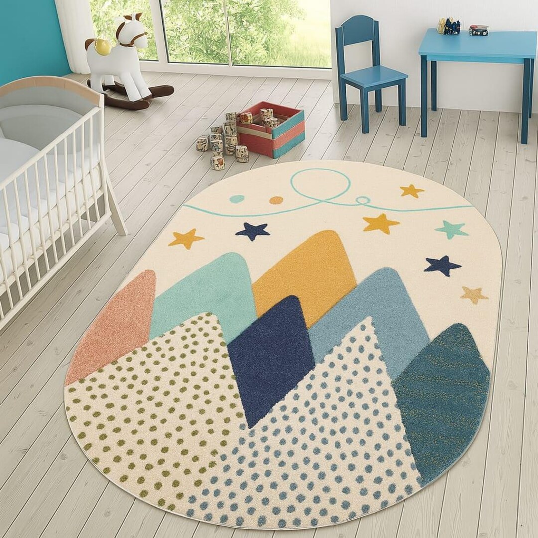 Hand-tufted Wool Kids Rug: Oval Mountain & Stars Nursery Carpet - Etsy