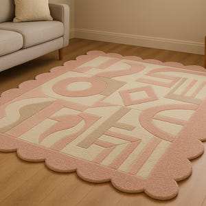 Scalloped Edge Abstract Geometric Rug - Pastel Pink & Beige Living Room Carpet - Modern Playful Kids Room Mat
