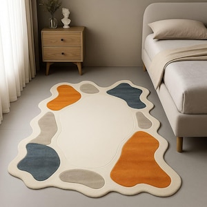 Modern Abstract Irregular Shape Rug Abstract Blob Rug with Color Patches Soft Neutral Area Rug for Bedroom, Living Room, or Minimalist Decor
