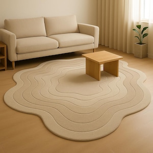 Modern Beige Wavy Irregular Shape Rug Soft Layered Carpet for Living Room Minimalist Neutral Aesthetic Area Rug 5x7 6x8 Home Decor