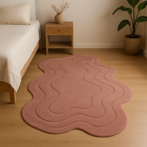 Hand Tufted Dusty Pink Wavy Rug Minimalist Organic Shape Carpet Soft Sculpted Bedroom Rug Modern Pastel Accent Mat Hall Area Rug 6x9 8x10