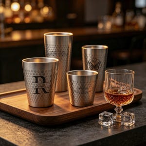 May include: Three stainless steel tumblers with a honeycomb texture and personalized engravings, including a large letter R and a butterfly design, alongside a clear glass goblet filled with amber liquid and two ice cubes on a wooden tray.