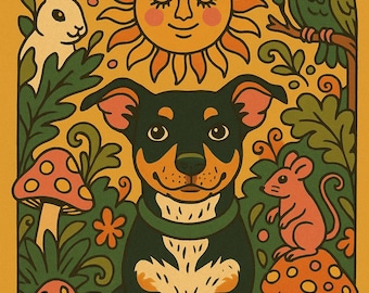 Custom Folk Art Pet Portrait – Whimsical Forest Illustration (Digital Download)