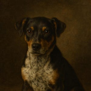 May include: A seated dog portrait with a dark brown and black coat, and tan markings on its legs and face. The dog has a white and gray speckled chest. The background is a dark brown color.