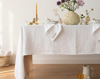 European White Linen Tablecloth, Stone Washed Table Cover, Custom Size Table Linen, Large Width, Extra Large, Farmhouse Rustic Style