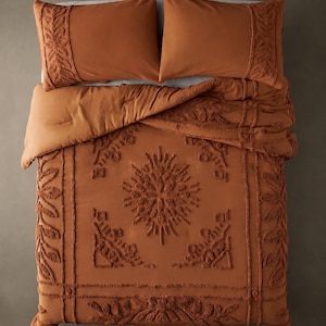 Flower Tufted Duvet Cover | 3 Piece Cotton Bed Cover Set King Queen Full | Brunt Orange Bedding Set with Pillowcase