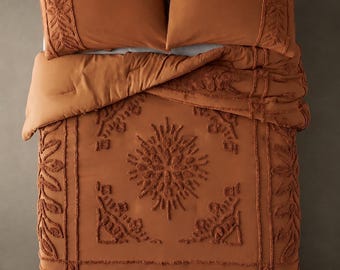 Flower Tufted Duvet Cover | 3 Piece Cotton Bed Cover Set King Queen Full | Brunt Orange Bedding Set with Pillowcase