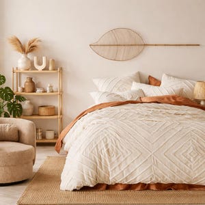 May include: A bedroom scene featuring a bed with a cream-colored comforter with a diamond pattern and rust-colored accents. A woven leaf-shaped wall hanging and a wooden shelf with decorative items complete the cozy, neutral-toned space.